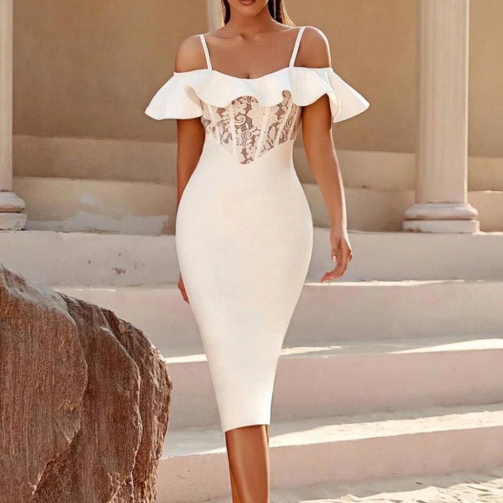 lace front ruffle trim bodycon dress white - Picture 6 of 6